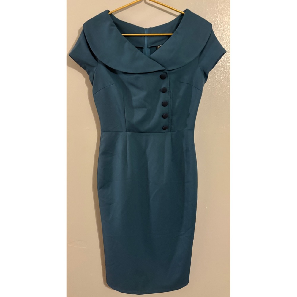 Voodoo Vixen Teal Blue Portrait Collar Wiggle Dress Vintage Style Rockabilly S
